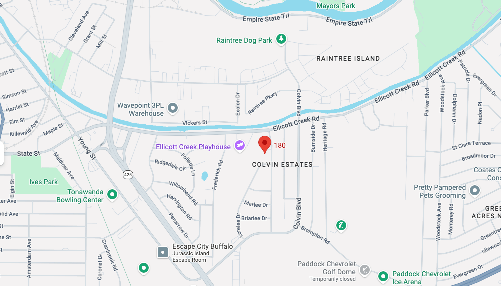 A map shows a red marker on a playhouse in the middle of the map.